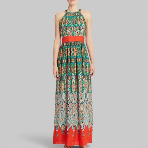 Eliza J Pleated Smocked Orange and Green Resort Maxi Dress - Picture 1 of 13
